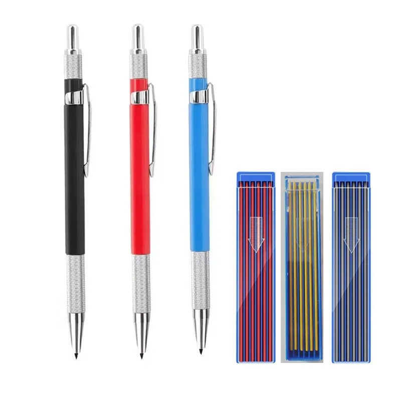 3 color carpenters marking pencil 2mm Plastic Metal mechanical pencil for Drawing, art painting, sketching, writing