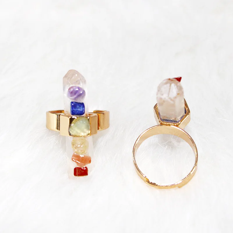 QIURAN Natural Crystal column crushed stone Set Ring 7 Chakra Crystal ring set with gold adjustable ladies fashion Reiki jewelry