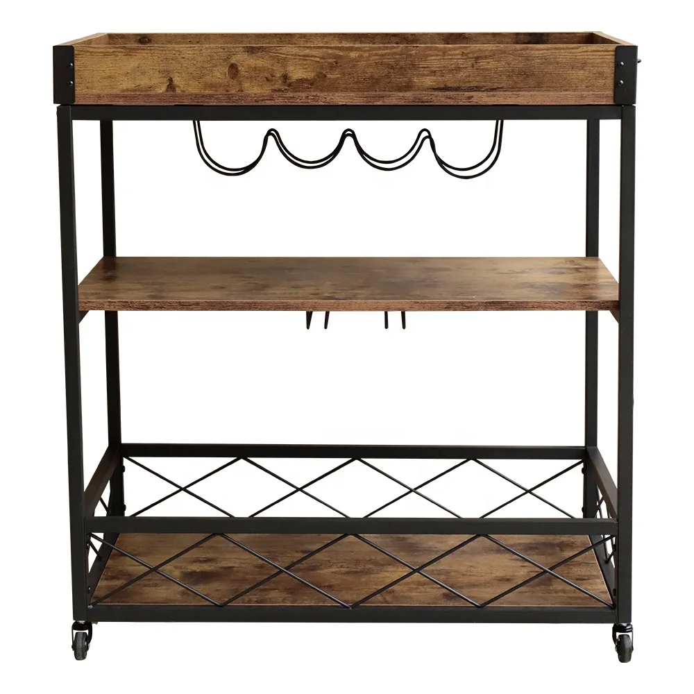 Modern luxury 3 tier antique retro shelf wood furniture wine serving bar cart trolley for home