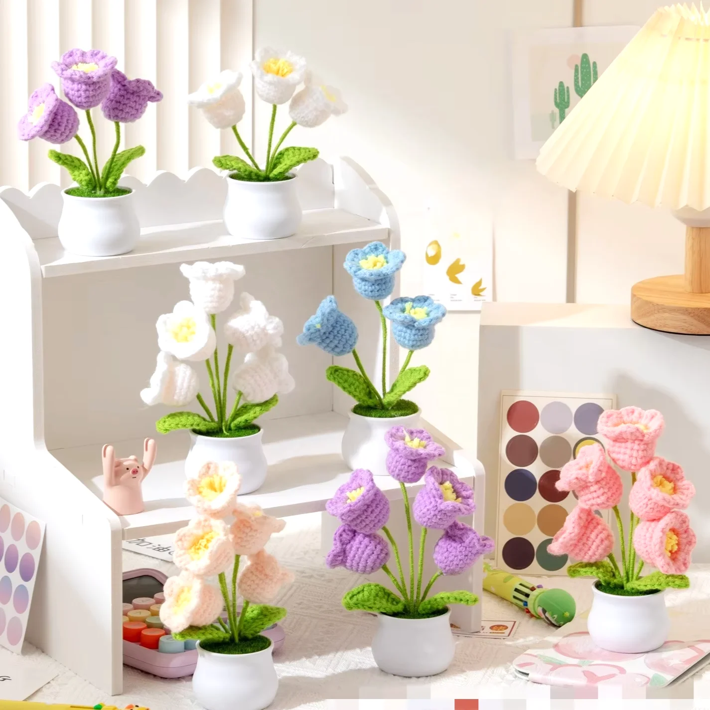 Creative Christmas Valentines Mothers Day Gifts Home Decor Potted Simulation Flower Hand Woven Artificial Crochet Flower