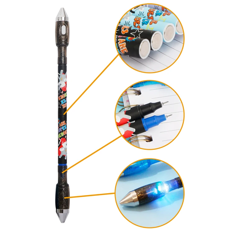 Spinning Magnetic Pen Cartoon Rolling Finger Pen LED Rotating Double-headed writable Gel Pen for Students Entertainment