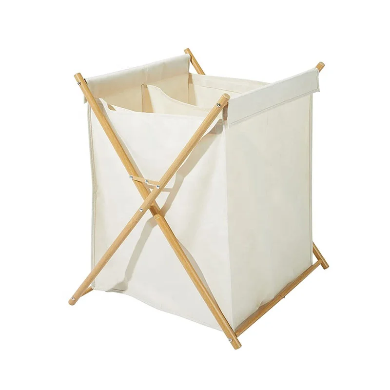 Sturdy  Laundry Divided Hamper Sorter Cart with Wood  Portable and Collapsible  Clothes Basket Storage Polyester laundry basket