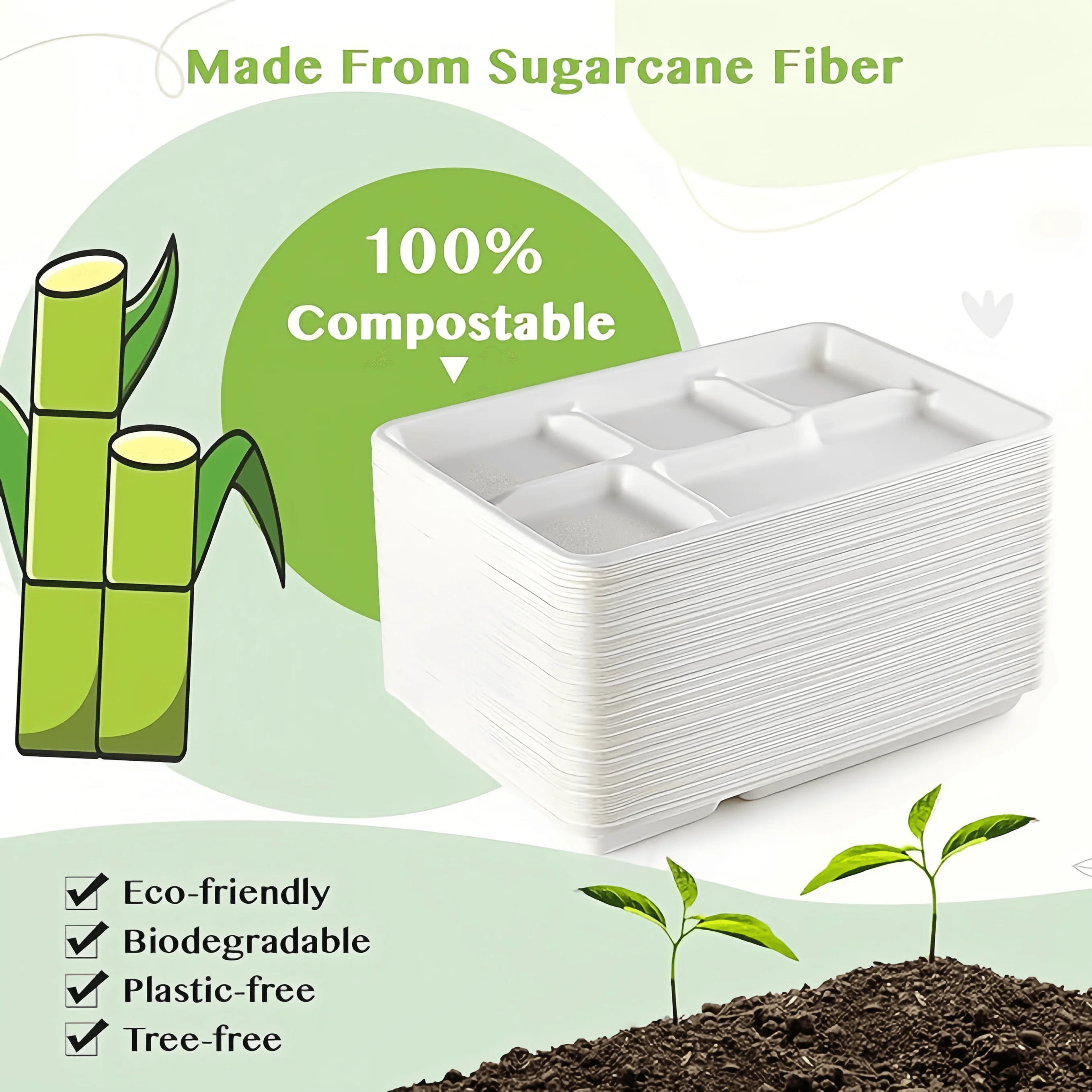 Disposable Sugarcane Paper Pulp 3 4 5 6 Compartment Serving Tray Bagasse Fiber Product Disposable Tableware