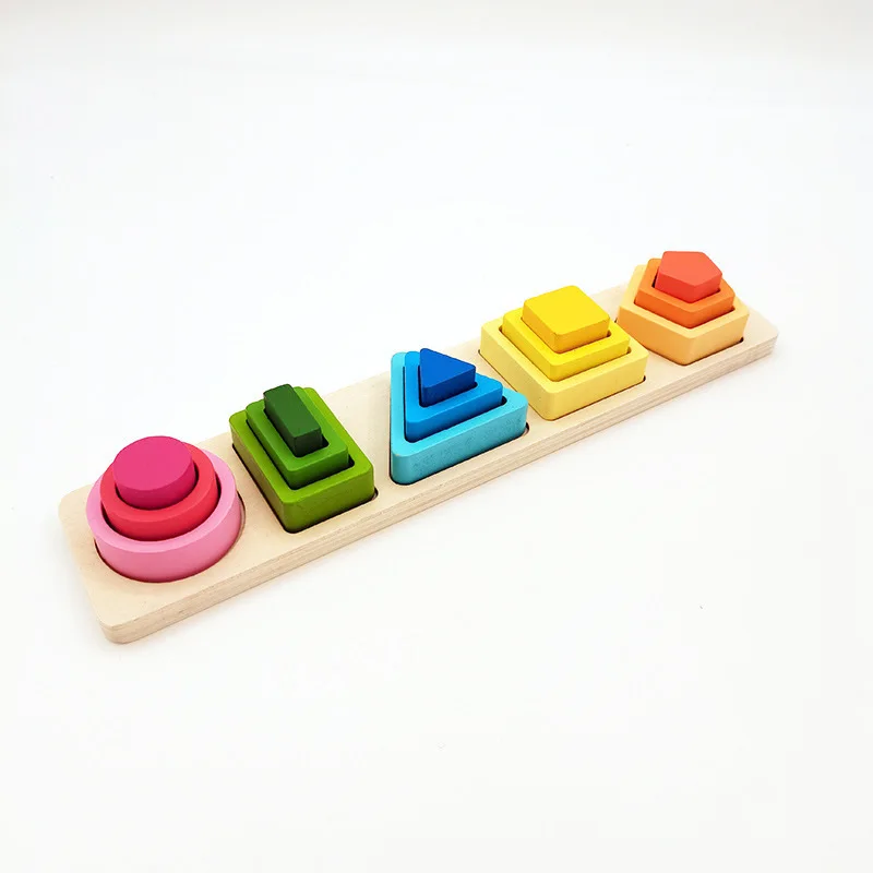 Wholesale Little kids Montessori educational toy gradient color 3d geometric shape stacking block wooden sorter toys