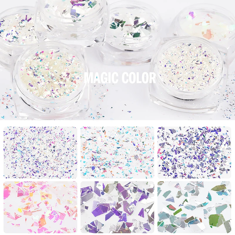 6Pcs Holographic Nail Glitter Sequins Set 3D Irregular Broken Glass Nail Art Foils Flakes Aurora Colorful Manicure Decorations