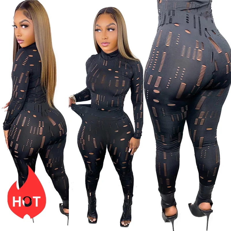 40% Off Hot Irregular Hole 2 Piece Set Black Skinny Fitness Women Tracksuit Sexy Bodycon Leggings Outfits Two Piece Pants Set