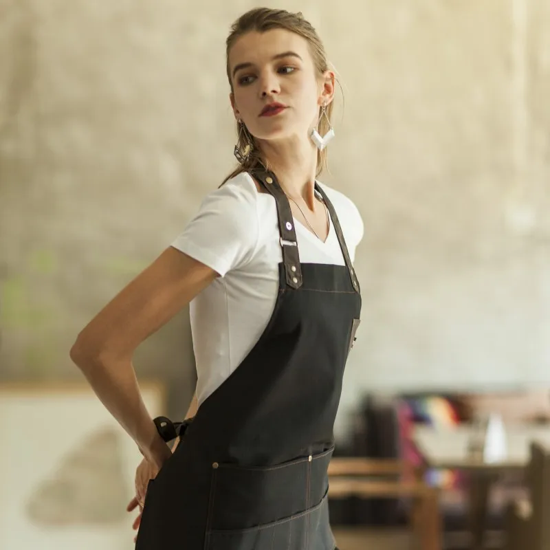 Stock Fashion 100% COTTON Multi Pockets Overall Unisex Kitchen Apron with Logo for Restaurants Cafe Bar Home Cooking