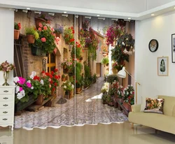 European Street View Alley Polyester 3D Landscape Floral Photo Blackout Curtain for the Living Room