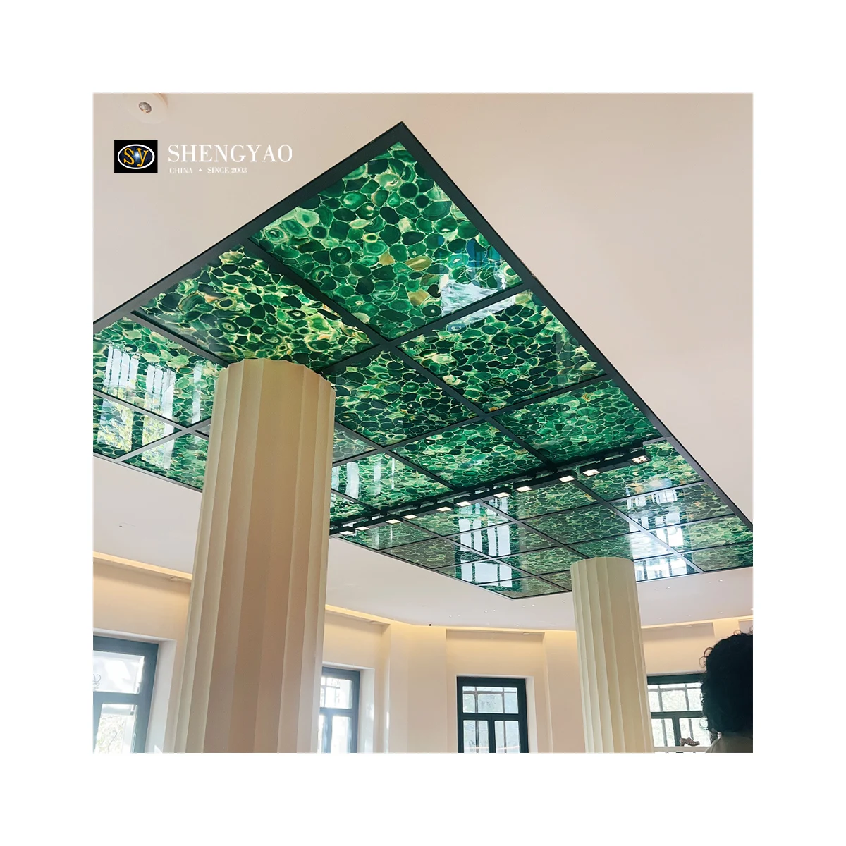 Luxury Natural Polished Backlit Green Onyx Crystal Agate Stone Ceiling Tiles