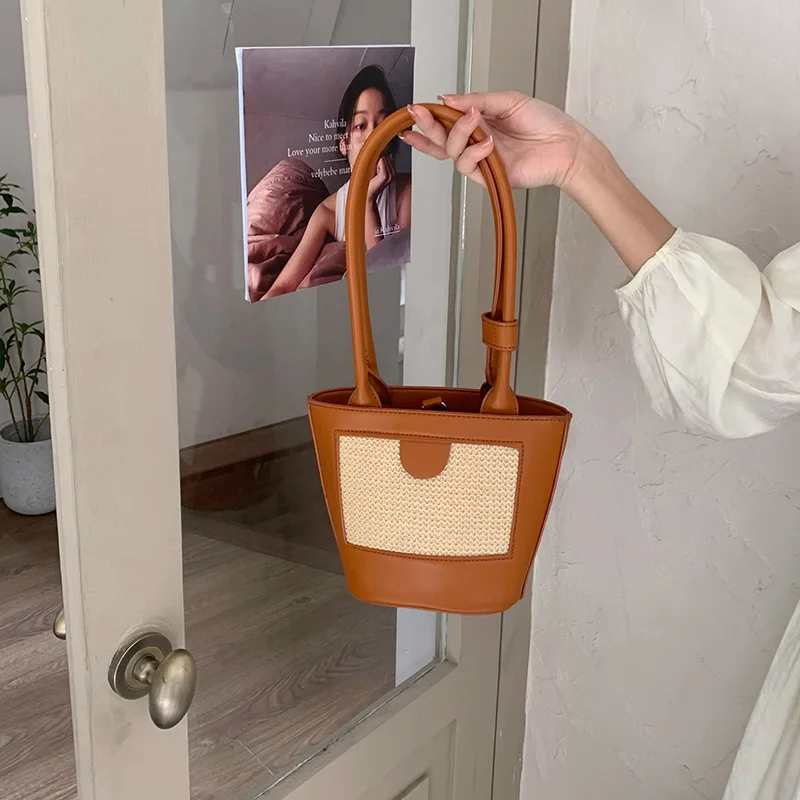 Hot sale ladies designer hand bag shoulder straw bucket bags women handbags