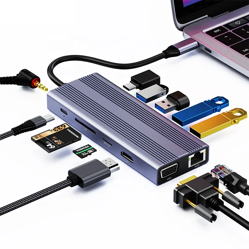 Горячая Распродажа 12 в 1 USB C концентратор для 4K HDTV VGA RJ45 Ethernet док-станция для ноутбуков MacBook Pro USB 2,0 3,0 концентратор 12 портов