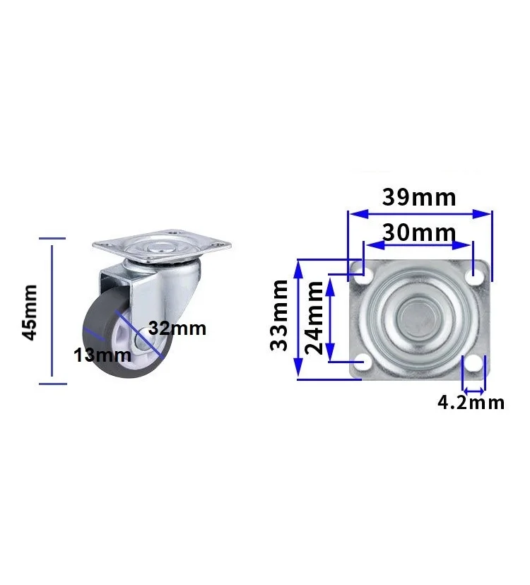 1.25 Inch gray swivel caster 32mm small TPE wheel castor with plate