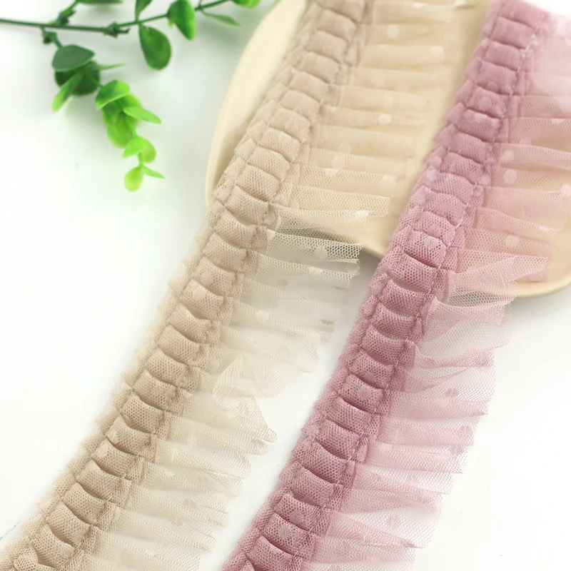 5.5 cm white color ruffled lace trim 2 layer pleated mesh lace trimming for ladies dress  clothing