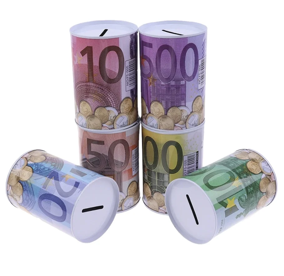 1PC Creative Tinplate Cylinder Piggy Bank Euro Dollar Picture Box Household Saving Money Box Home Decoration Money Boxes