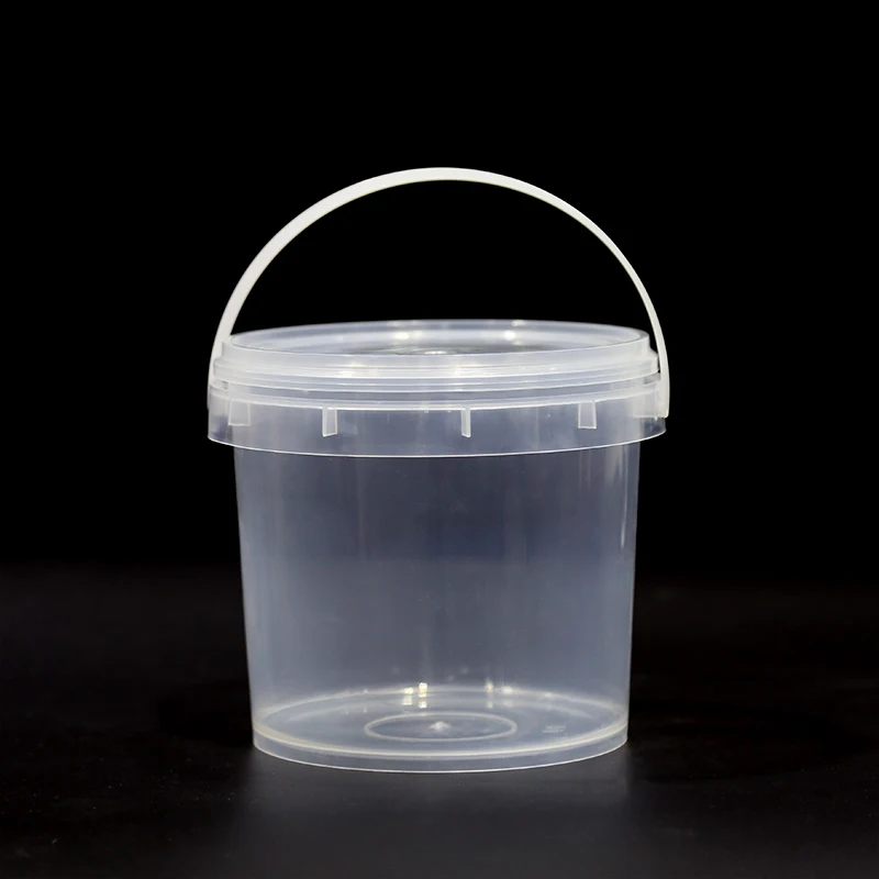 white clear plastic bucket with plastic handle