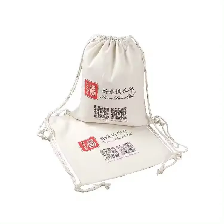 Custom Logo Reusable Draw String Gym Bag Cotton Cloth Canvas Drawstring Backpack Bag