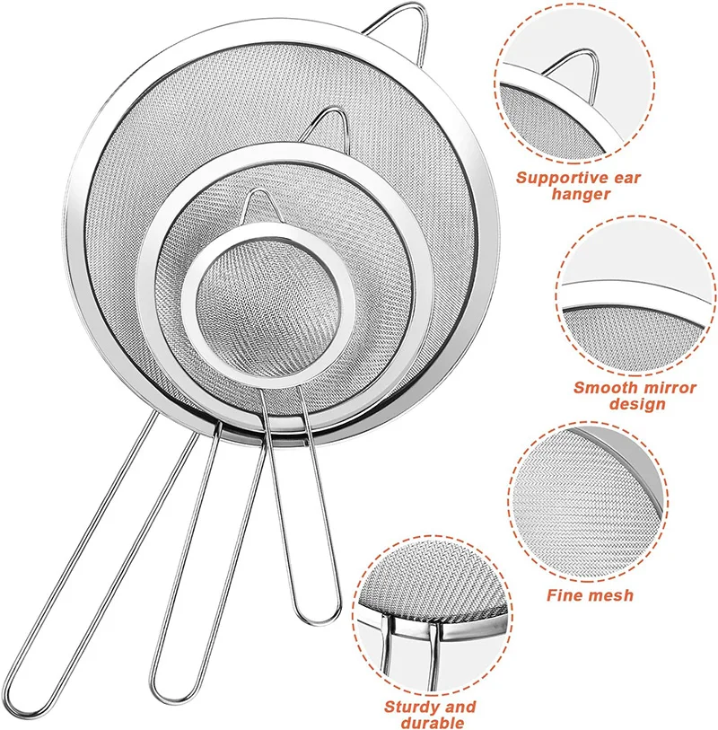 skimmer kitchen wheat flour filter set of 3 pcs flour sieve with handle manual flour sieve juice filter wire fine mesh strainer