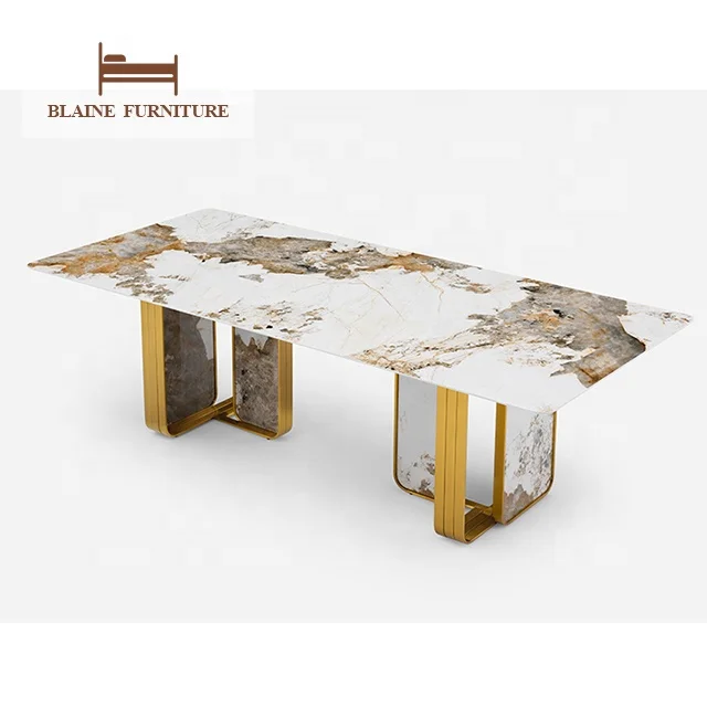 High Quality Price Brass Leg Marble Top Dining Table Set 6 Seater Chair Modern Luxury Marble Metal Dining Tables
