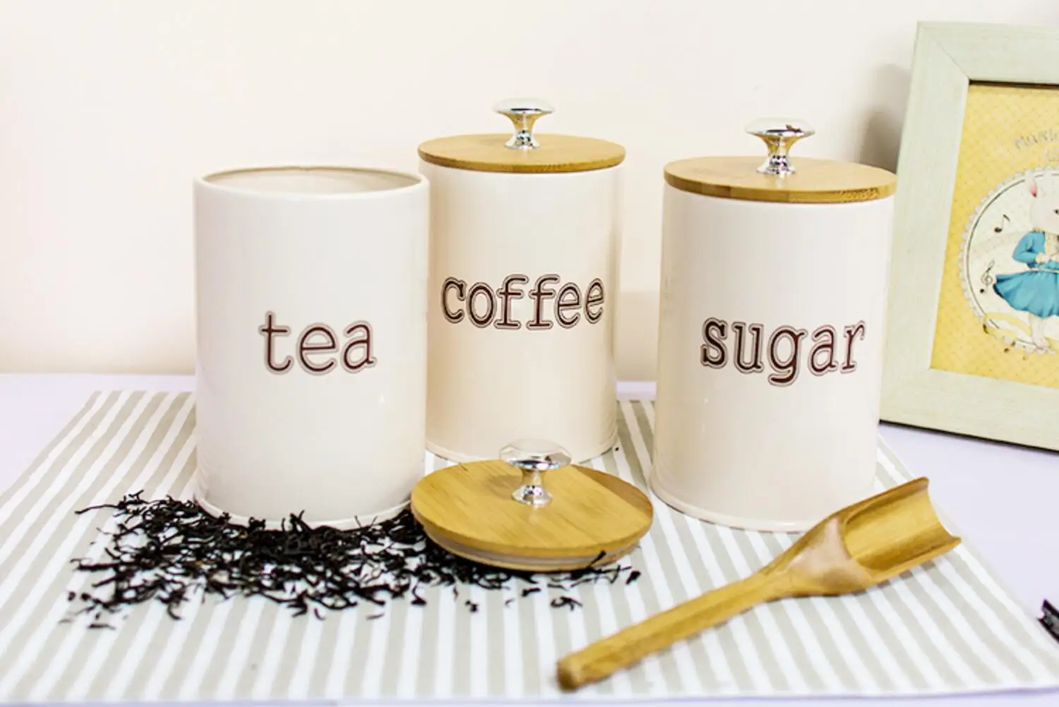 Set of 3 piece Kitchen Canister Jars with Bamboo Wooden Lids White Metal Rustic Vintage Canister Sets