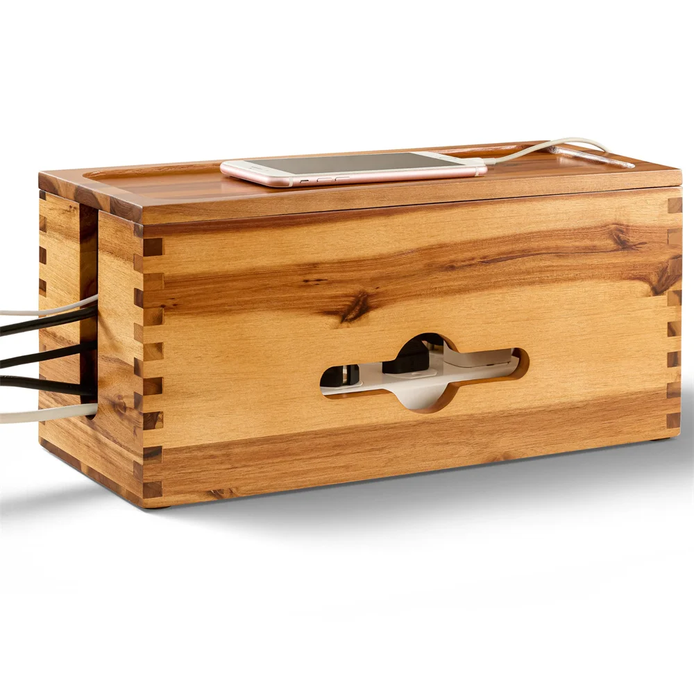 Wooden Cable Organizer Box Acacia Wood Cable Management Box for Electrical Hiding Cord Management