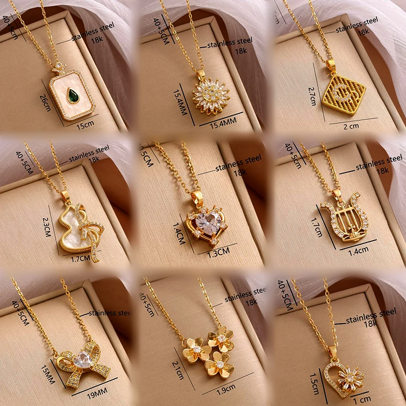 Fashion Stainless Steel Bear Harp Water Drop Pendant Necklace Zircon Pearl Bow Flower Gold Necklace lock Necklace For Women