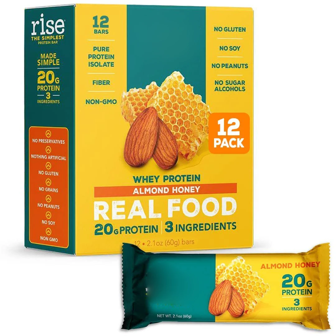 Whey Protein Bars Almond Honey Healthy Snacks 20g Protein 4g Fiber Non-GMO Healthy Snacks, Gluten-Free Soy Free Bar 12 Pack
