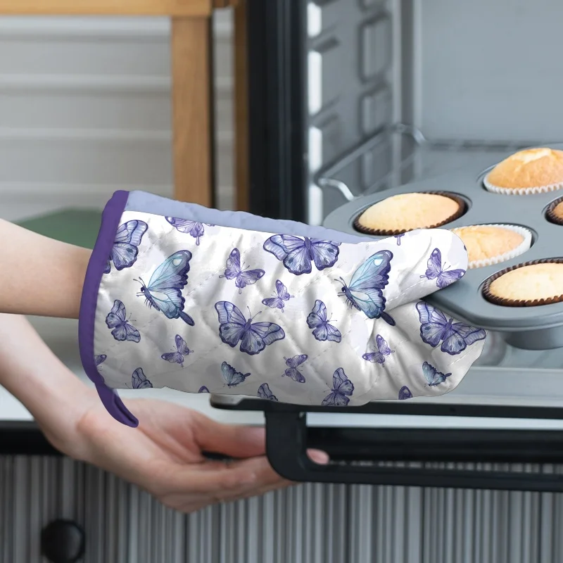Custom New Design Printed Polyester Cotton Butterfly Pattern Chef Cooking Apron and Kitchen Towel Oven Glove Pot Holder Set