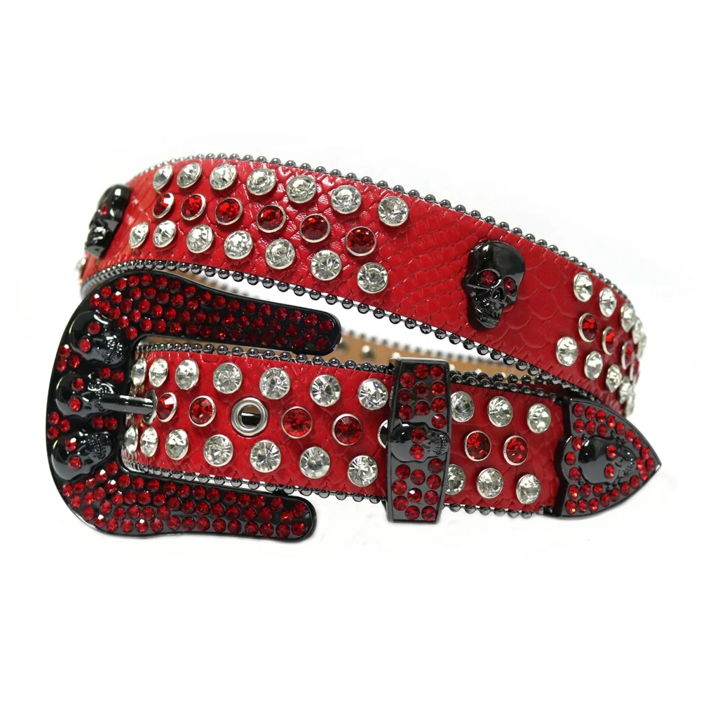 Retro Classical Western Bling Bling Rhinestone Skull Belts Buckle Studded Skull Red Rhinestones Belt Men