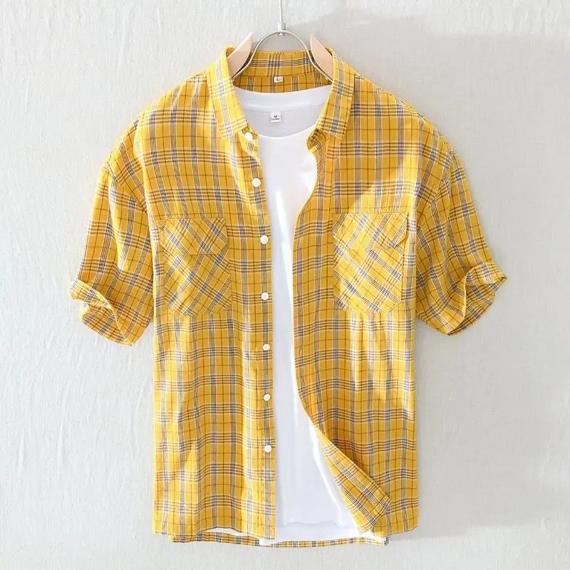 Kafany Garment Classic Plaid Shirt for Men Summer Casual Loose Lapel Pocket Cotton Linen Short-Sleeved Youth Male Clothes