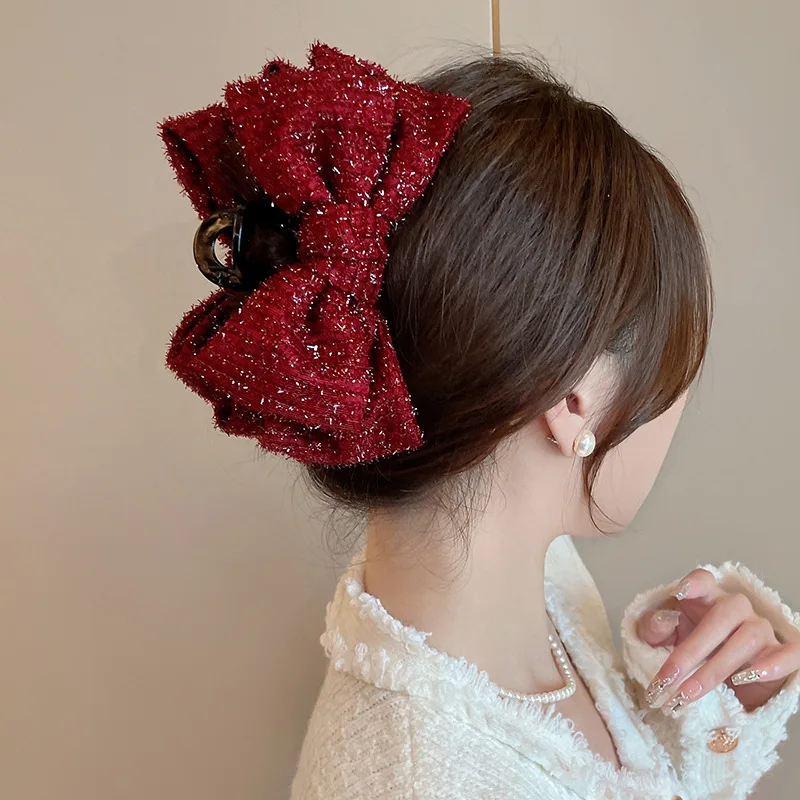 wholesale Double Sided  Clasp Claw girls red bow Shark Clip Girl Hair Accessories