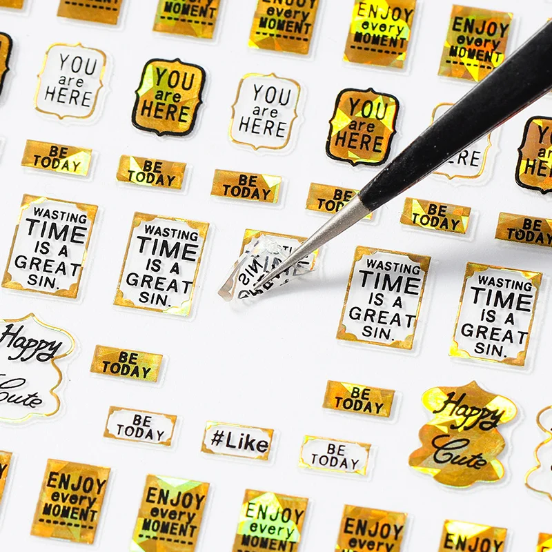 11 designs 10.5*8cm options 3d self adhesive glitter laser gold nail sticker decal letter for nail art