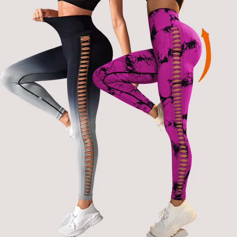 Ombre Tie Dye Double Push Up Yoga Leggings Women Gym Fitness Sports Wear Seamless Workout Tights Running Hollow yoga Pants LOGO