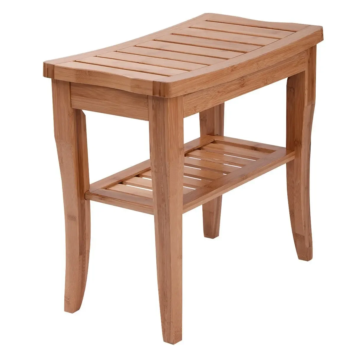 Modern Design Waterproof Bath Shower Storage Shelf Stool Durable 2 Tier Bamboo Bathroom Seat Bench