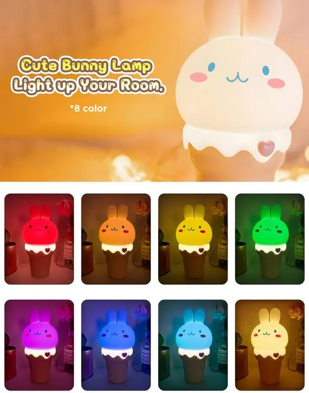 LOHAS  Rechargeable RGB 7-Colors Silicone Night Lights Pat Control Nightlight Ice Cream Bunny Night Lights for Kids Baby Gift
