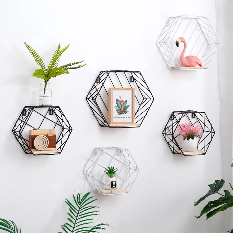 Nordic Ins Hexagonal Grid Metal Wooden Decorative Wall Shelf Multifunction For Living Room