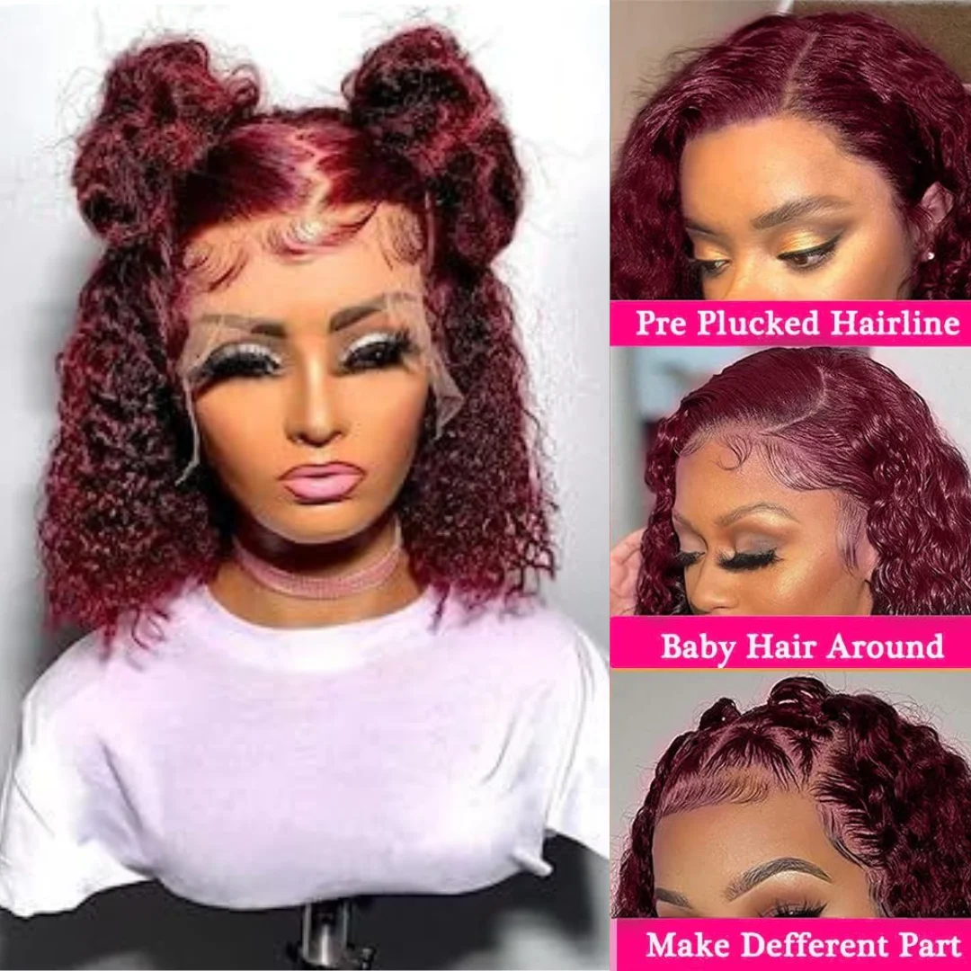 Pre Pluck Blenched Knots Transparent Swiss Lace Frontal Wig,12 Inches 99J Red Colored Jerry Curly Human Wig Supplier