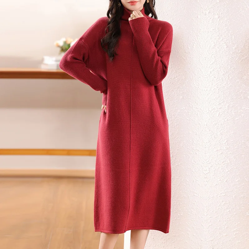 Hot-selling Loose Turtleneck Fashion Ladies Casual Pure Wool Sweater Dress Winter