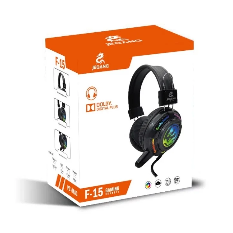 
Factory direct sales JEQANG F-15 head-mounted Internet cafe computer e-sports game subwoofer headset with wheat luminous headset 