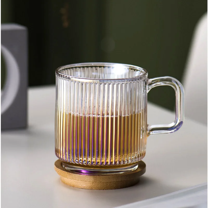 New Nordic style with handle bamboo cover transparent glass striped cup  home coffee cup tea cup