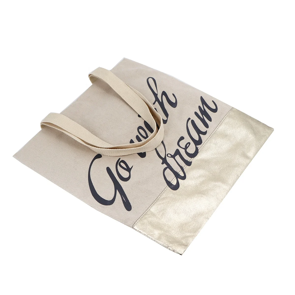 Customized 450gsm 100% cotton canvas with shiny pu shopping bag silk printing tote bag webbing handle reusable bag for women