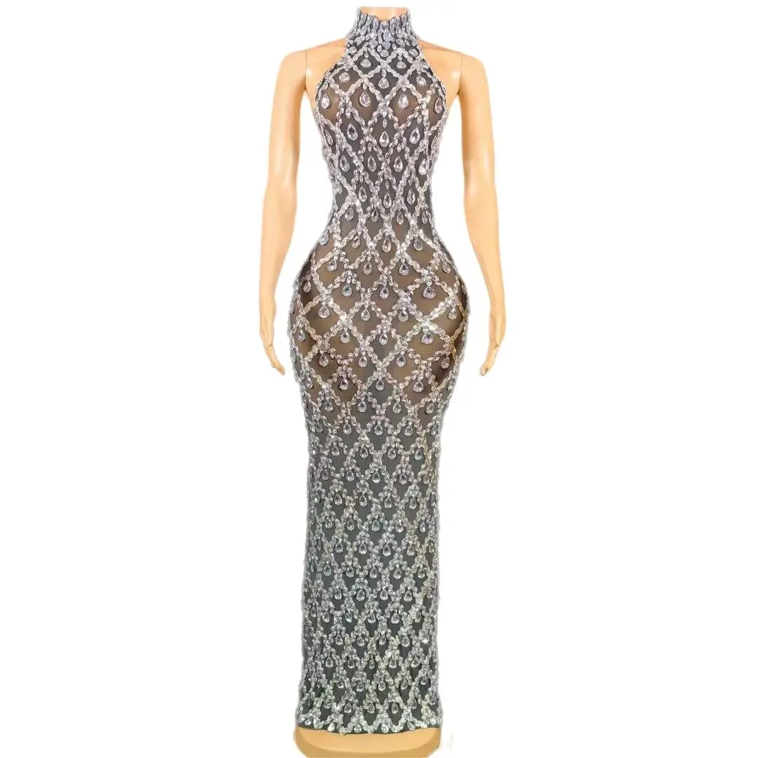 Shining Rhinestone Birthday Long Dress Women Sexy Drag Queen Outfit Stage Performance Wear Backless Nightclub Costume