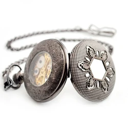 BOSHIYA Brass Hollow Six Leaves Half Hunter Mechanical Pocket Watch with Skeletal Display Roman Numeral Dial