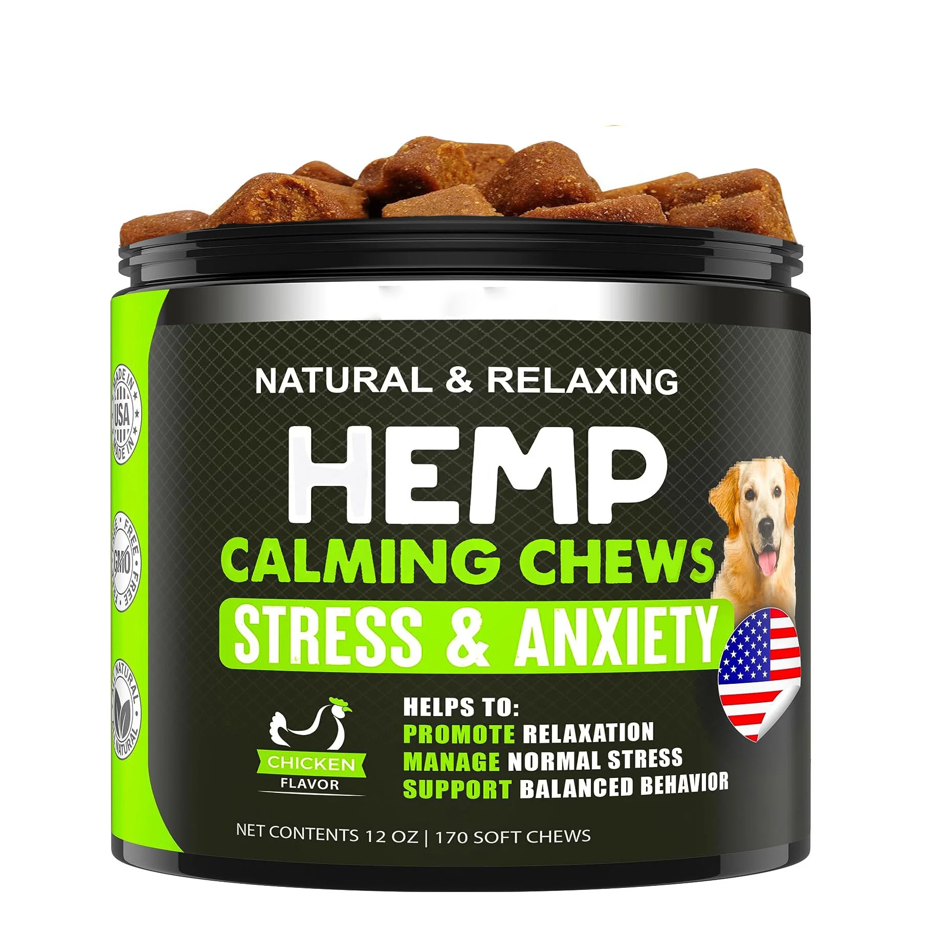 OEM hot sell 12 oz Dog Calming Treats with hemp support Anxiety and Stress Storms Barking Separation Valerian Root