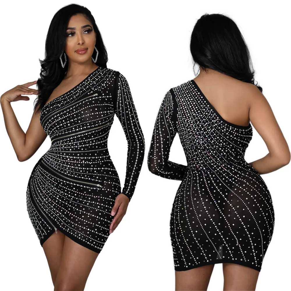 Sexy club dress women one shoulder long sleeve ironed diamond dress fashionable sexy nightclub womens bodycon club dresses
