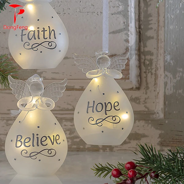 Wholesale Christmas Decoration Glass Angel Crystal White Glass Christmas Angel Ornament with LED Light