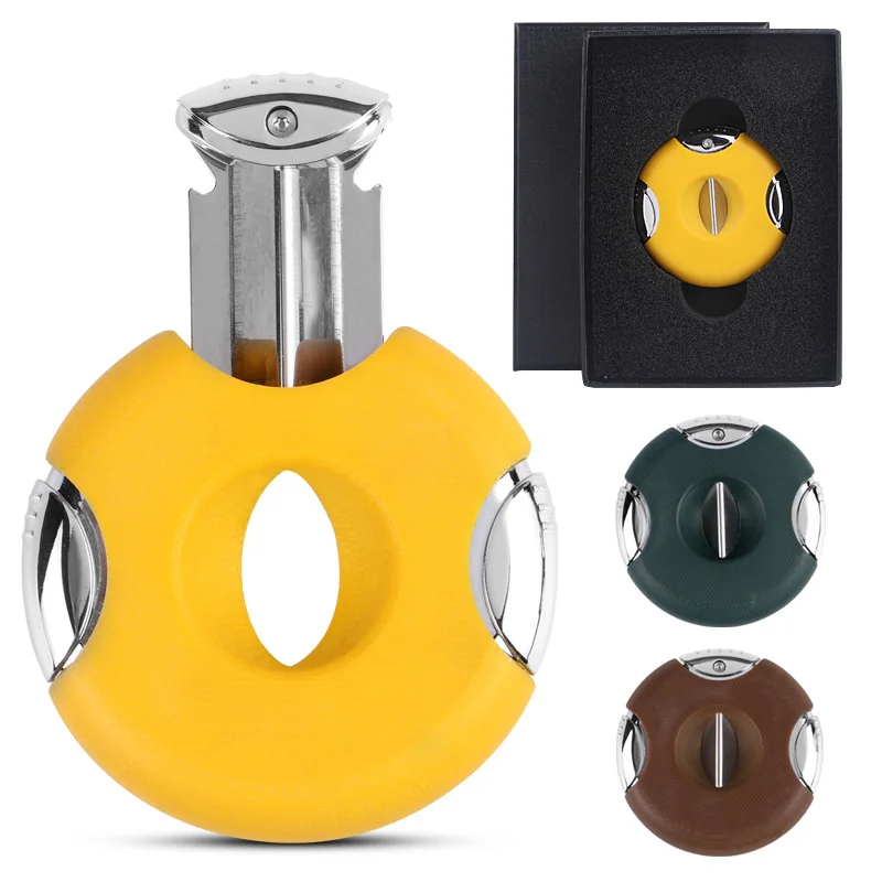 Stainless Steel Guillotine Double Cut Round Head Scissors Yellow Sharp Blades Pocket Size Classic Comfortable Cigar Cutter