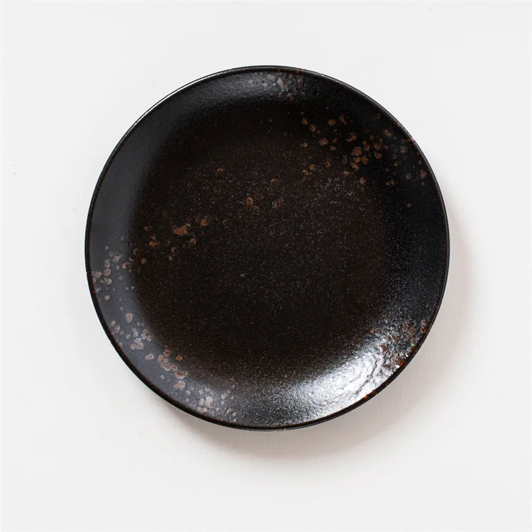 Retro Customized Logo Stoneware Restaurant Catering Round Steak Plates Black Ceramic Dinner Set for Hotel