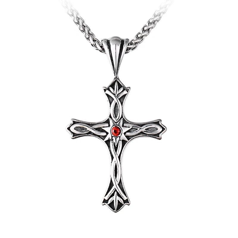 Stainless Steel Cross Inlaid Red Gemstone Pendant Vintage Viking Pattern Celtic Knot Men Necklace