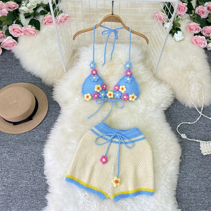 Sexy Women Halter Backless Crop Top+ Mini Knitted Short Flower Vacation Wear Hair Bow Summer 3 Piece Short Set