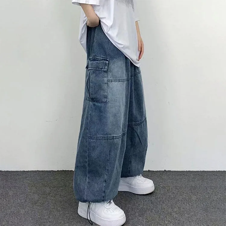 New arrival Hip-Hop baggy jeans men Washed vintage Multi-Pocket cargo jeans men Street Skateboard Hem drawstring denim Jeans